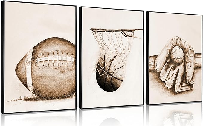 3-Piece Vintage Sports Wall Art Set – Football, Baseball & Basketball Prints (Unframed)