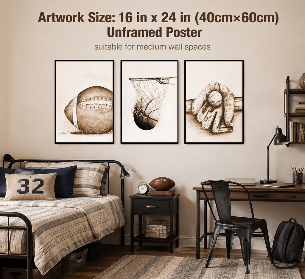3-Piece Vintage Sports Wall Art Set – Football, Baseball & Basketball Prints (Unframed)