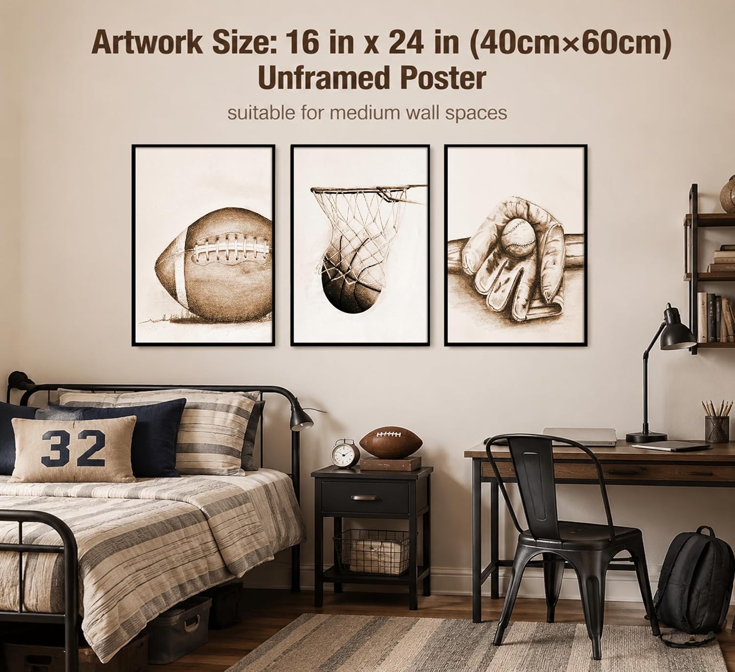 3-Piece Vintage Sports Wall Art Set – Football, Baseball & Basketball Prints (Unframed)