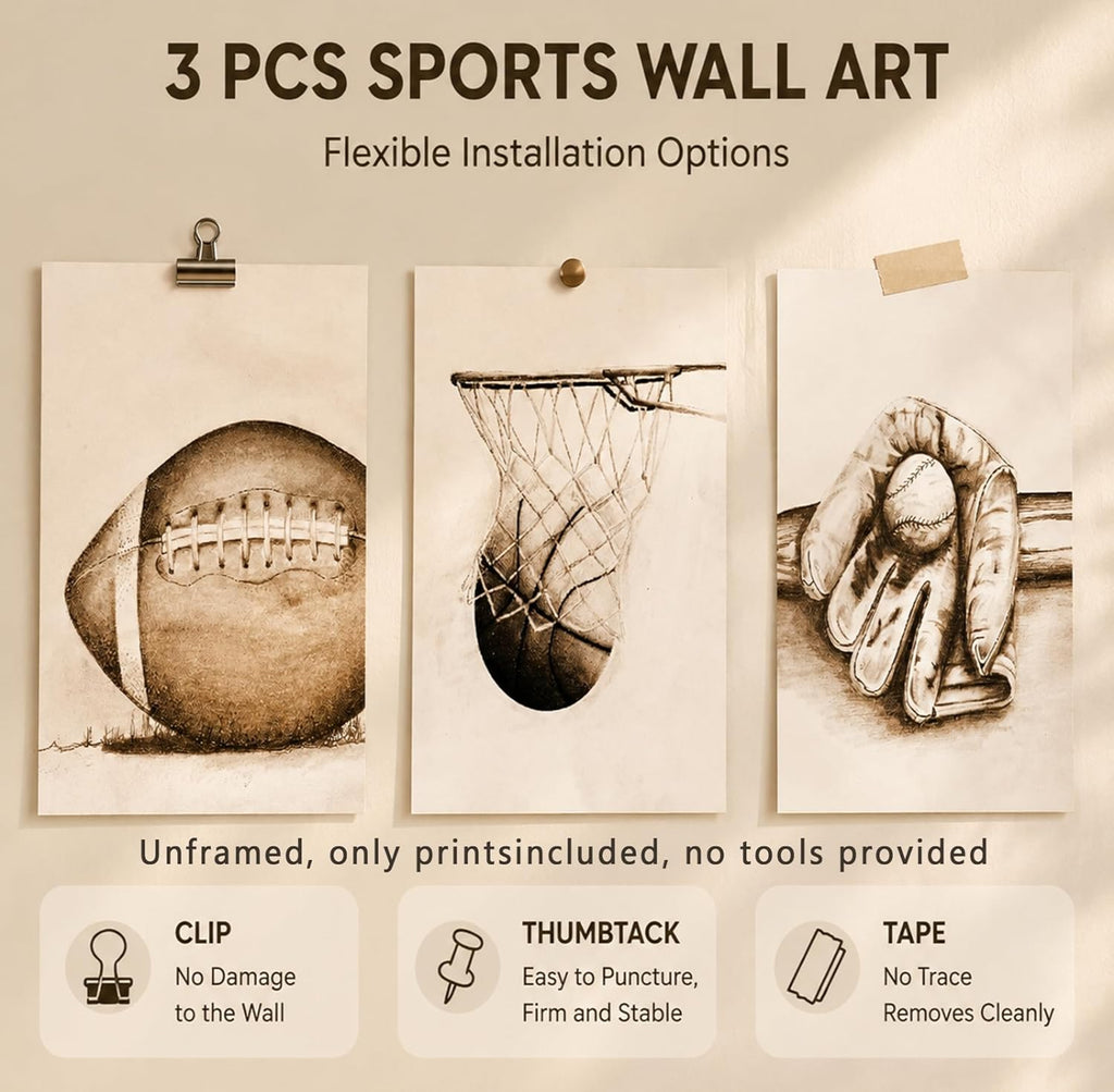 3-Piece Vintage Sports Wall Art Set – Football, Baseball & Basketball Prints (Unframed)