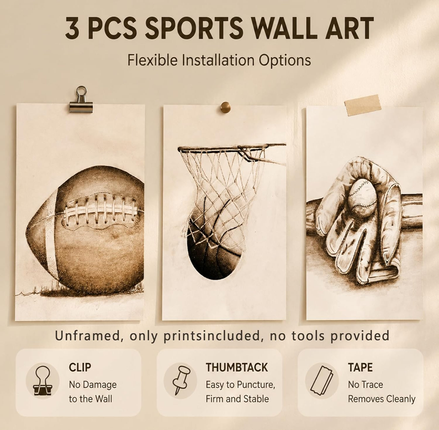 3-Piece Vintage Sports Wall Art Set – Football, Baseball & Basketball Prints (Unframed)