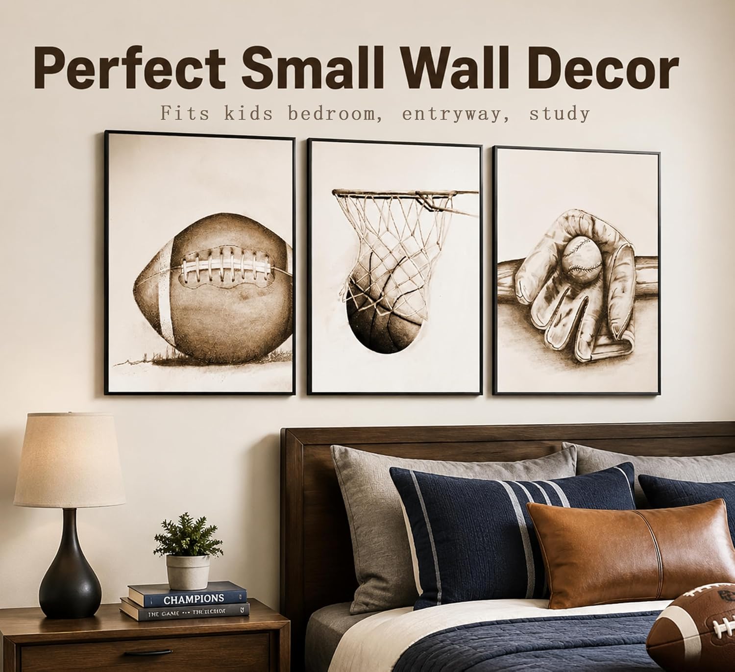 3-Piece Vintage Sports Wall Art Set – Football, Baseball & Basketball Prints (Unframed)