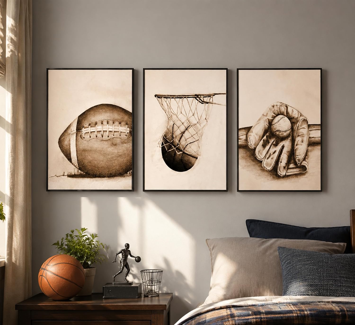 3-Piece Vintage Sports Wall Art Set – Football, Baseball & Basketball Prints (Unframed)