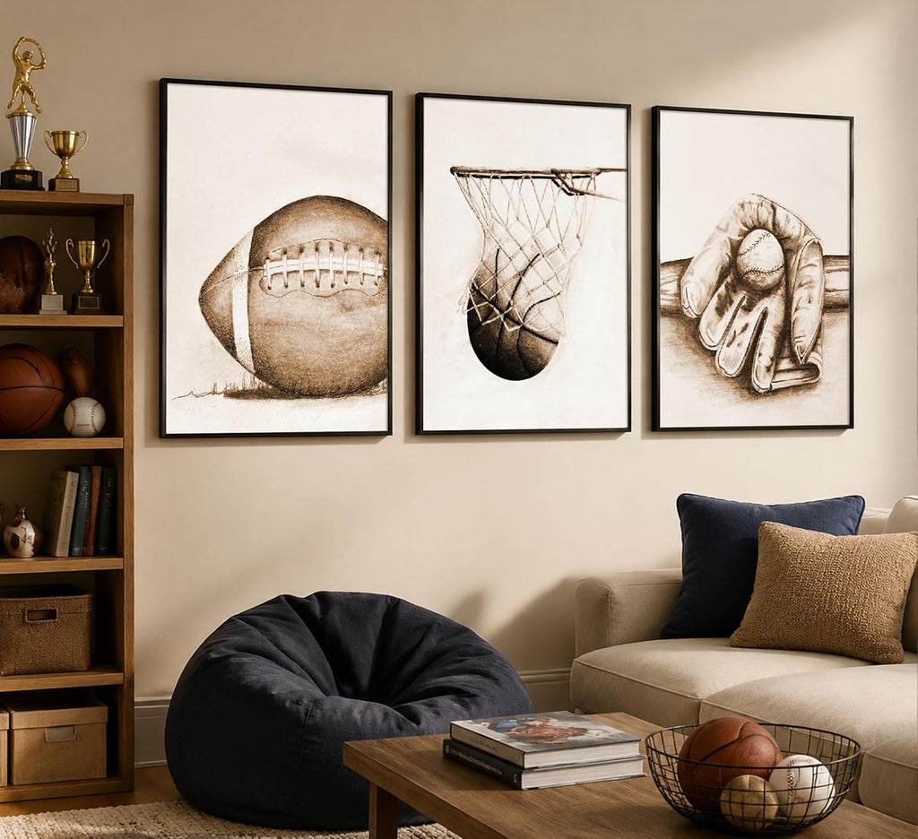 3-Piece Vintage Sports Wall Art Set – Football, Baseball & Basketball Prints (Unframed)